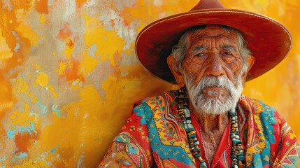 Senior man in a red hat against a textured orange background.