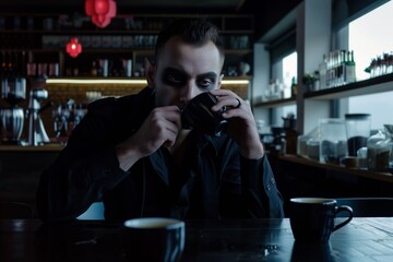 man as vampire in a modern cafe, sipping from a dark coffee cup - obrazy, fototapety, plakaty