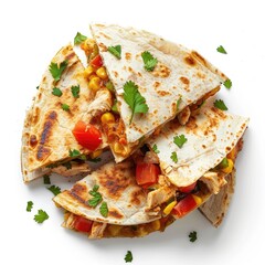 Mexican quesadilla with chicken, tomato, sweet corn, and cheese on a white background