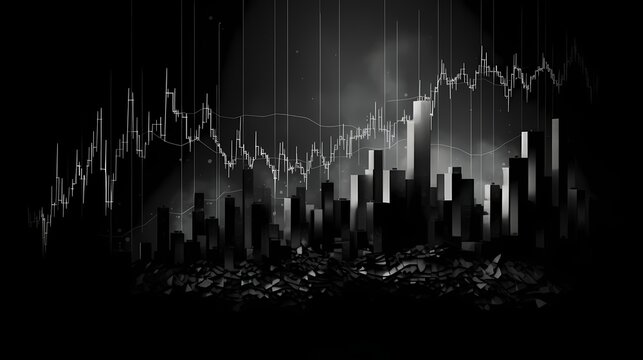 A monochrome image featuring a stark contrast between a soaring stock chart and a plunging one, portraying market extremes.