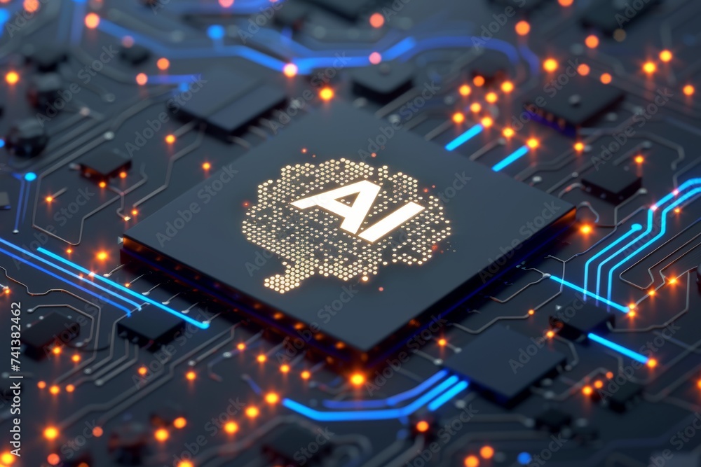 Poster ai brain chip inp. artificial intelligence ai policy human iaas mind circuit board. neuronal network