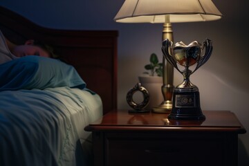 trophy on a nightstand with a sleeping person behind