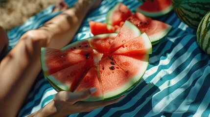 Capturing the quintessence of summer, this vibrant image features hands serving slices of juicy watermelon on a sunny day. It's a celebration of seasonal fruit, outdoor dining, and refreshing moments