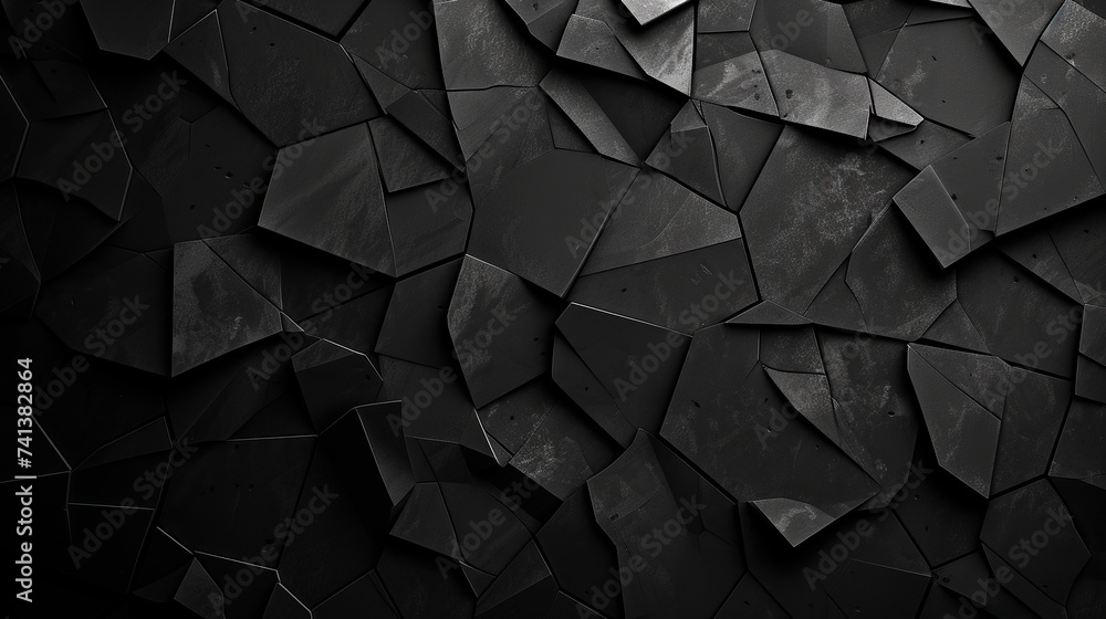 Poster showcasing a complex array of black geometric shapes, this image creates a sense of depth and dimens