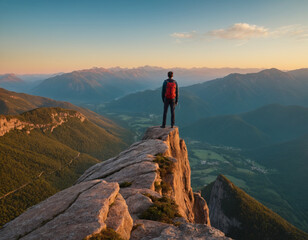 A man on top against the backdrop of a mountain valley at sunset - obrazy, fototapety, plakaty