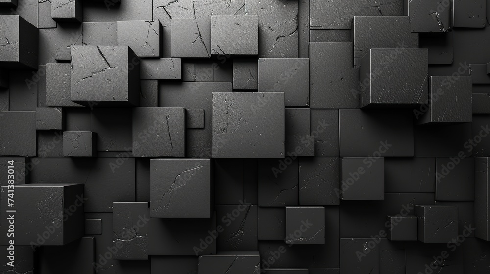 Poster a textural artwork of abstract black 3d cubes, presenting a modern and minimalist design with a sens