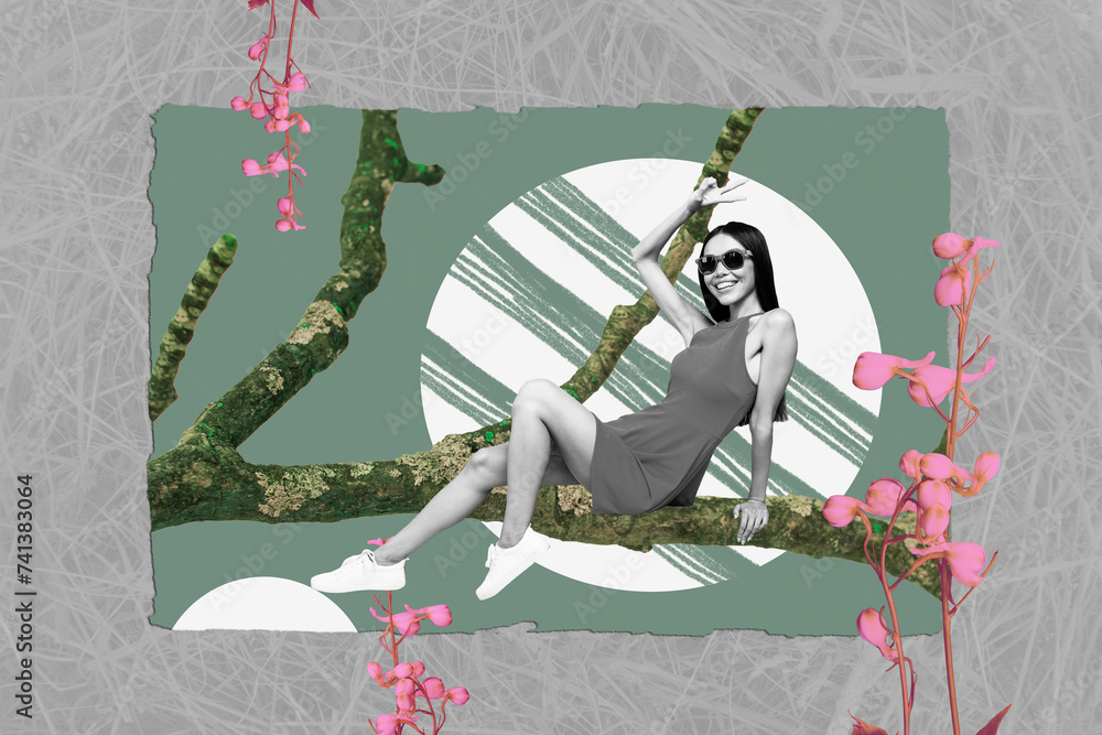 Poster Collage picture of glamour charming woman sitting on tree showing v-sign nice party isolated drawing background