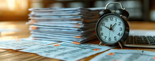 Fotobehang A stack of tax documents tagged with urgent deadlines a calculator and a clock ticking down encapsulating the pressure of tax season © Atchariya63