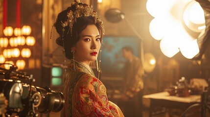 An Asian actress in elaborate traditional costume is captured on a film set, surrounded by warm lighting that highlights the rich textures and colors, ideal for concepts related to film, culture - obrazy, fototapety, plakaty