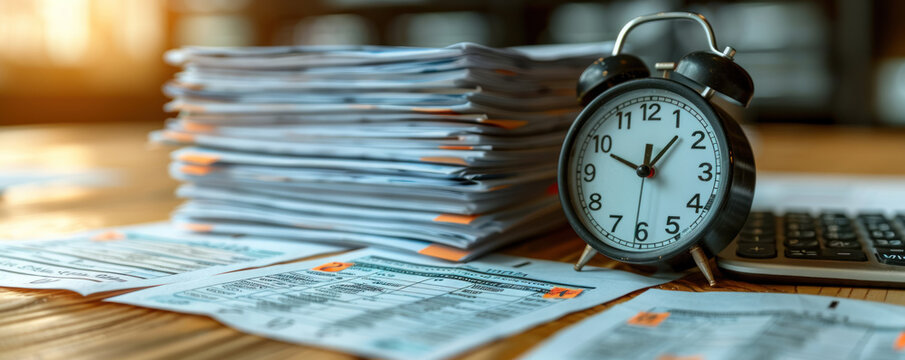 A stack of tax documents tagged with urgent deadlines a calculator and a clock ticking down encapsulating the pressure of tax season