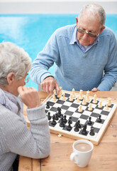 Chess, relax and old couple thinking while playing a board game in backyard or bonding together....