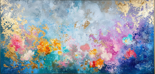 A dynamic abstract painting that captures the complexity of oil and water, with bright, 