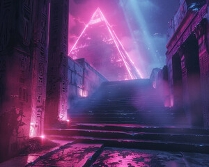 Visualize a blend of Ancient Egypt and cyberpunk aesthetics merging pyramids with neon lit underworlds