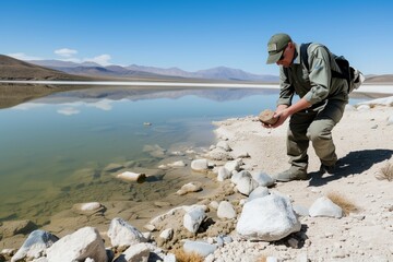 geologist examining rocks by arid desert lake