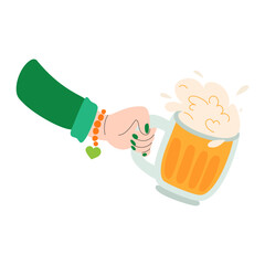 Happy Saint Patrick's day illustration. Beer in hand. Festive Irish element, green color.