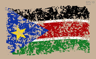 Vector flag of South Sudan. Vector illustration with cracks and abrasions.
