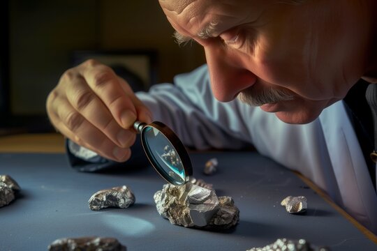 a jeweler examining a silver nugget with a magnifying loupe