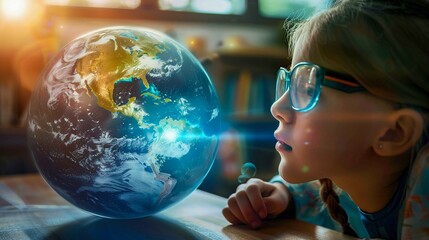 A young girl wearing glasses gazes at an electric blue globe - obrazy, fototapety, plakaty