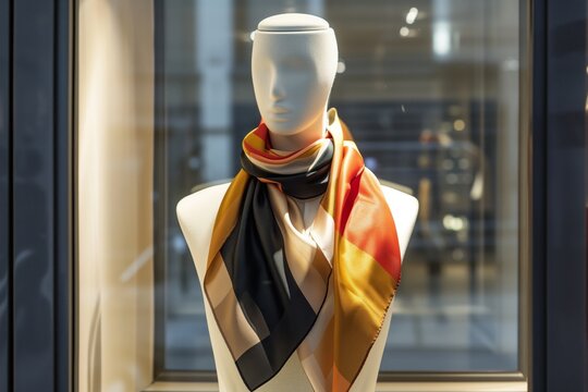 mannequin in a window display with a colorblocked silk scarf