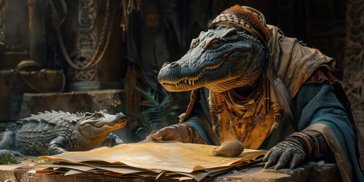 An Alligator warrior examining a map made of skins and bones surrounded by artifacts that guide the path to a legendary power source