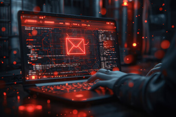 An email application on a laptop screen displaying a critical alert message from the systems antivirus software warning of detected email threats emphasizing the importance of protective software - obrazy, fototapety, plakaty