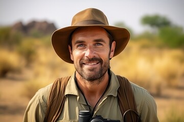 Portrait of a smiling man with binoculars in the desert