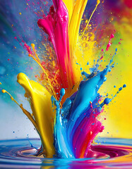 Colorful paint splashes in vibrant pink, yellow, and blue hues, creating a dynamic and abstract art concept. - 741384036