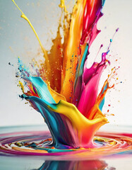 Colorful paint splashes in vibrant pink, yellow, and blue hues, creating a dynamic and abstract art concept. - 741384071