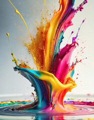 Colorful paint splashes in vibrant pink, yellow, and blue hues, creating a dynamic and abstract art...