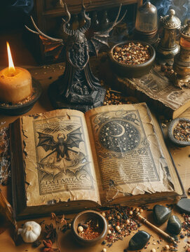 An enchanted grimoire open to a page depicting Baphomet surrounded by occult symbols and ingredients for a sorcery ritual