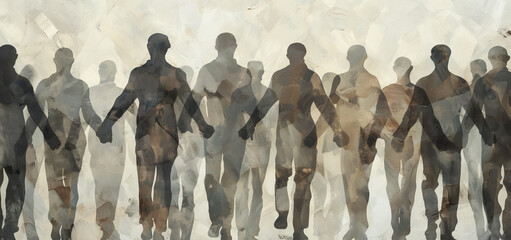 Abstract Human Silhouettes in Unity - A Textured Painting of Faceless Figures Holding Hands in...