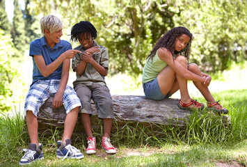 Nature, bullying and boys with girl in outdoor field, woods or forest laughing and teasing. Rude, upset and cruel young children sitting on tree trunk in garden on vacation, holiday or weekend trip.