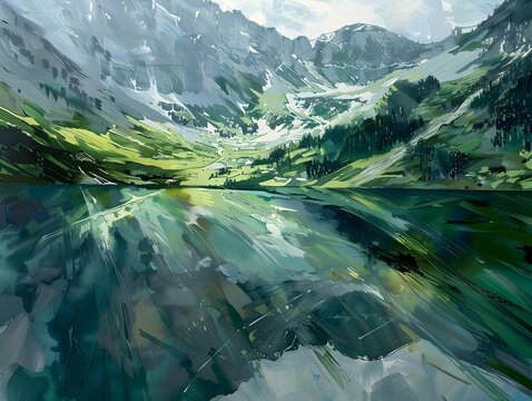 contemporary art, alpine lake, god rays, reflections, greens and blues and gray, action shot