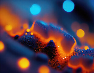 Abstract glowing molten blobs with bokeh lights, blue and orange hues for background use. - 741384427