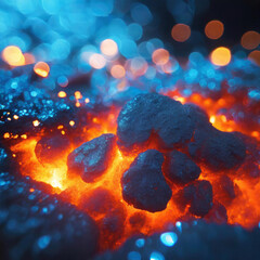 Glowing embers and sparks in a fire pit with a bokeh effect background, blue and orange hues. - 741384432