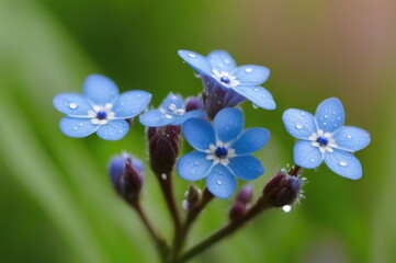macro delicate beauty of forget-me-not flowers with pristine dew drops
