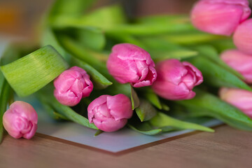 Close-up of a bouquet of pink tulips on the table, selective focus