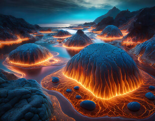 Surreal landscape with glowing lava rivers flowing from volcanic domes under a twilight sky. - 741384489