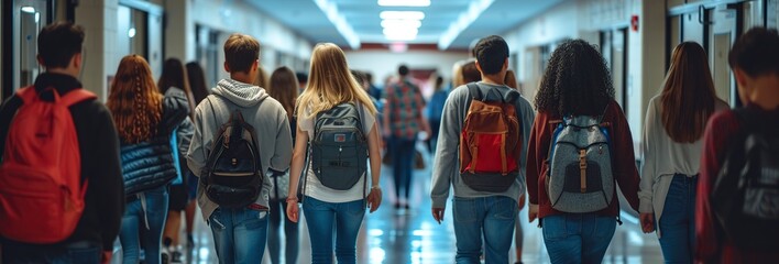 group of students walking through the school hallway