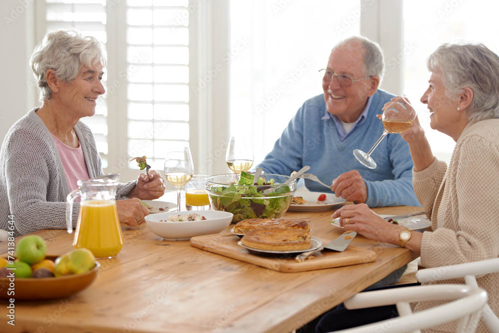 Poster home, old friends and lunch with conversation, relax and eating with discussion and social gathering