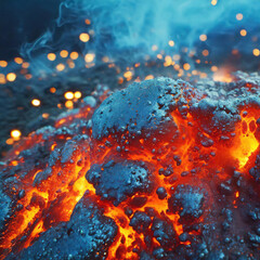 Glowing embers and sparks in a fire pit with a bokeh effect background, blue and orange hues. - 741384603