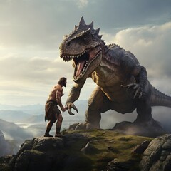 Naklejka premium Ancient man fights a dinosaur 