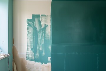 halfpainted wall with teal color, progress showing old vs new