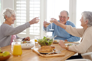 Wine, cheers and senior friends at lunch in home with smile, celebration and bonding in retirement. Food, drinks and toast with glass, old man and women at dinner table together for happy brunch. - obrazy, fototapety, plakaty