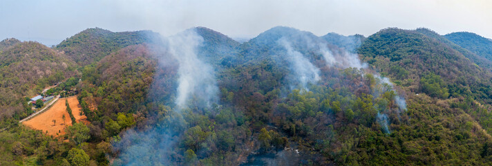 Wildfires or forest fire burning with a lot of smoke with Particulate Matter with diameter of less...