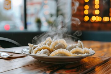 a wooden table displays Polish steamed fried dumplings on a plate