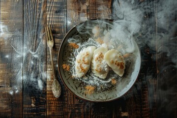 Traditional fried dumplings, served on a wooden table in a modern cafe, steam enticingly from a top...