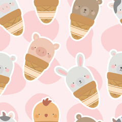 ice cream with cute animals, seamless backgorund vector - 741385257