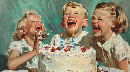 Blonde children laughing in front of a birthday cake. Generative AI