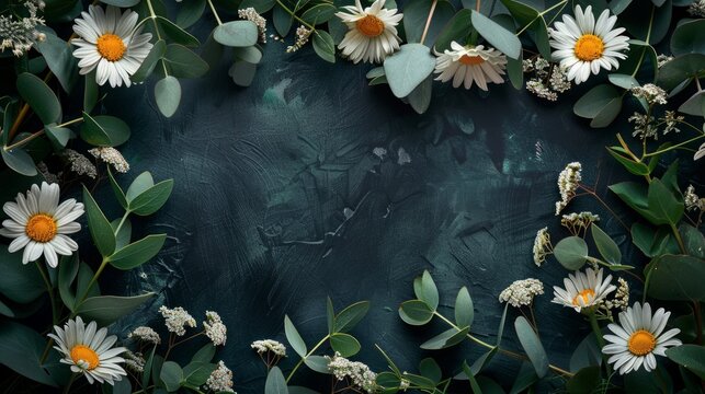 Background frame showcases chamomile flowers and eucalyptus leaves, with central copy space for greeting card